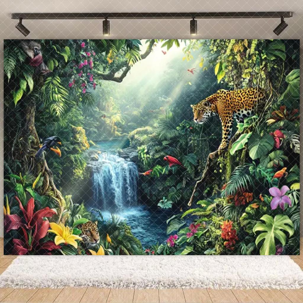 Tropical Jungle Wild Animal Backdrop Natural Green Forest Wall Hanging Tapestry Palm Trees Soaring Birds photography background2843