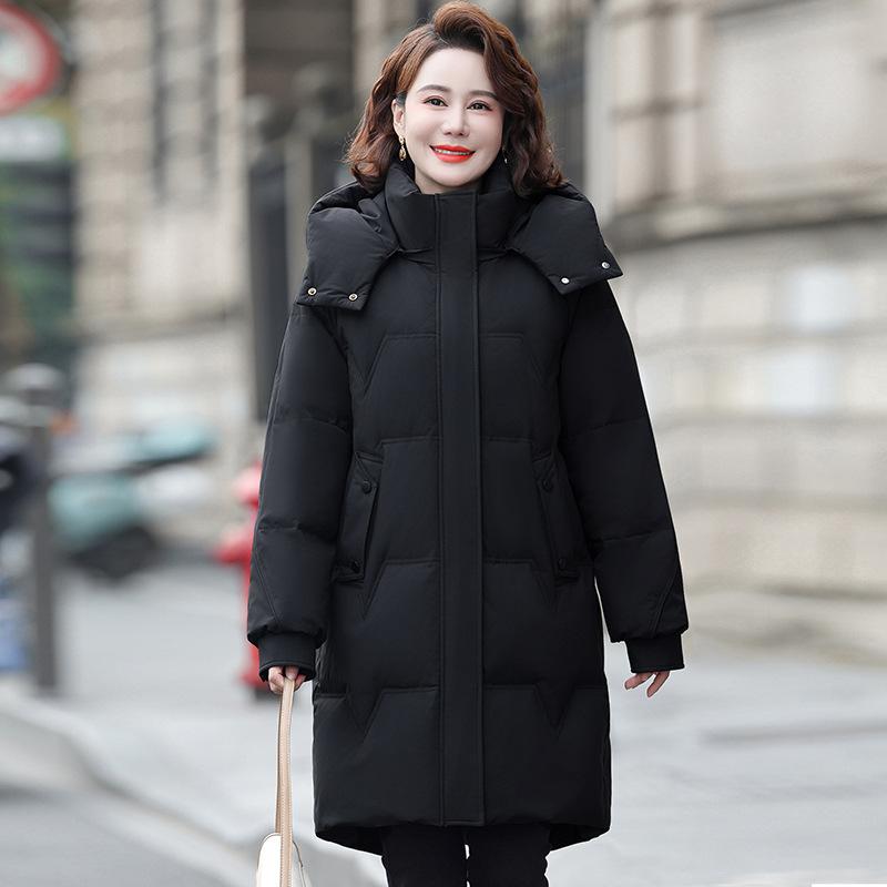 Brand mother down jacket medium and long foreign style middle-aged large size warm jacket solid color thickened white duck down coat