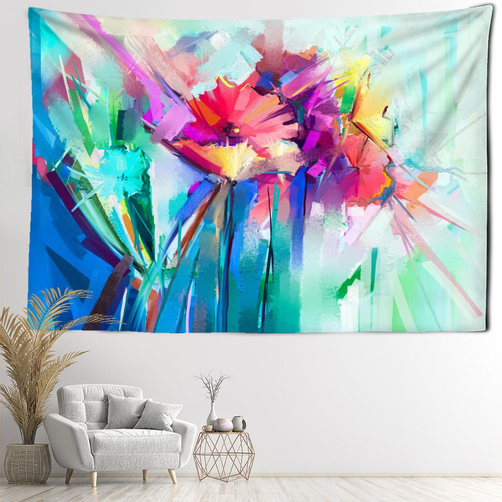 Blue Flower Oil Painting Tapestry Wall Hanging Hippie Tapez Simple Art Living Room Aesthetic Room Decor