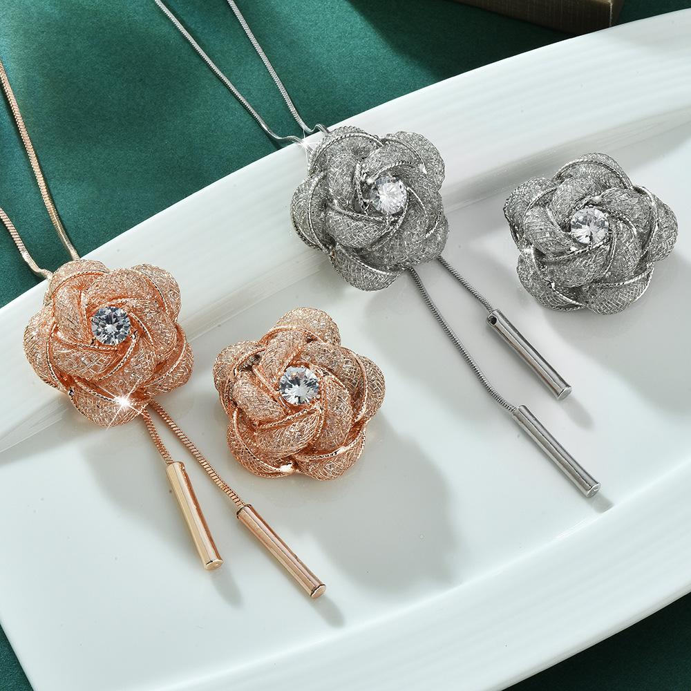 Autumn And Winter Long Rose Flower Necklace Temperament Versatile Net Flower Zircon Versatile Sweater Chain High Sense
