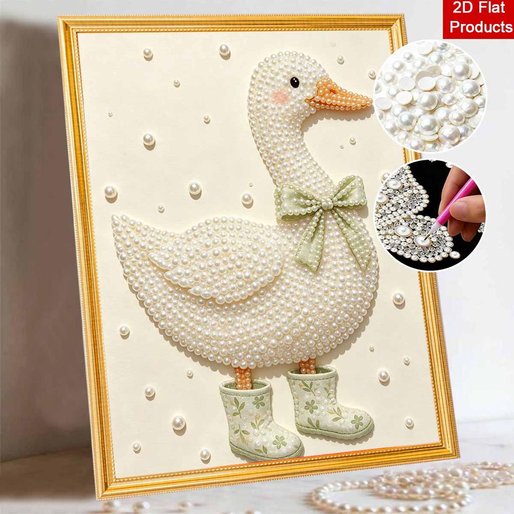 Creative DIY Framed Pearl Art Kit with Cute Duck in Rain Boots Pattern Sparkling Bead Canvas Ready to Display Relaxing Gift for Adults