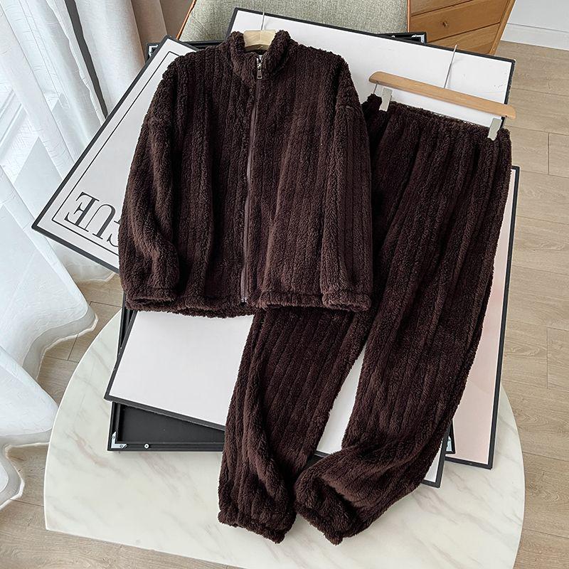 Women's G5Z Striped Plush Zipper Pajama Set - Cozy Velvet for Autumn/Winter