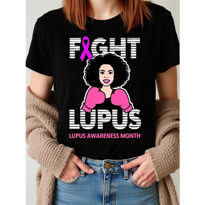 

Lupus Awareness T-Shirt - Black Short Sleeve Round Neck Tee with Boxing Gloves & Fight Slogan Design, Suitable for Spring Summer Fall Casual Wear S чёрный
