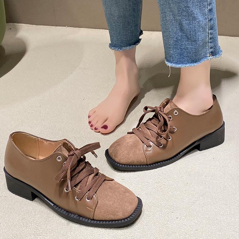 

Модная осенняя новинка, туфли на толстом каблуке, женская мода, квадратный носок, замшевая шнуровка спереди, противоскользящая износостойкая обувь с низким верхом 35