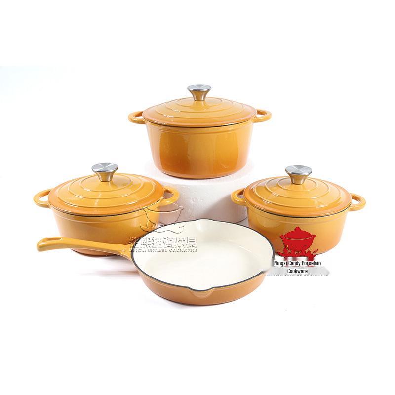 Enamel 4-Piece Cookware Set: Soup Pot, Stew Pot, Frying Pan, Non-Stick Pan for Home Use