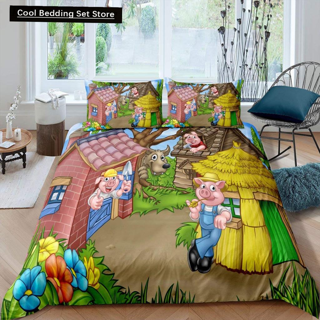 Cartoon Kawaii Pig King Queen Duvet Cover Happy Farm Animal Bedding Set Pink Piggy Quilt Cover 2/3pcs Polyester Comforter Cover