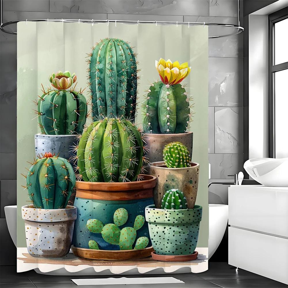 Green Cactus Potted Shower Curtain, Bathroom Decorative Shower Curtain, Waterproof Shower Curtain with Hooks