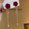 Camellia Tassel Earrings~ Red Velvet Long Earrings Rose New Premium Pearl Earrings