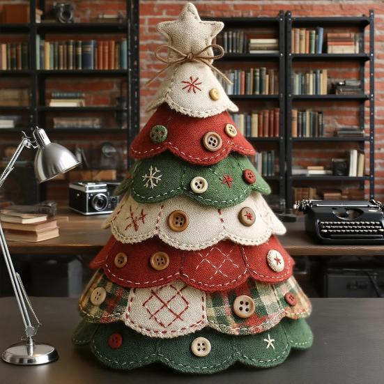 Fabric Christmas Tree Figurine Handmade Multi-layer Felt Xmas Tree Ornament with Buttons And Star Topper Holiday DIY Patchwork Craft for Home Office