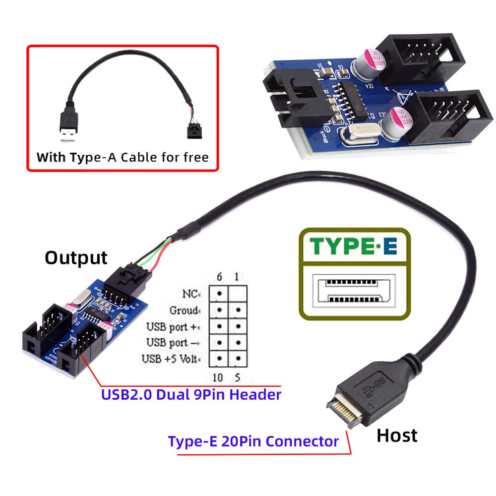 Cablecc USB Type E Front Panel Header Male Host to USB Motherboard with Latch 1 to 2 Hub Device Cable 3.1 2.0 4-Pin 9-Pin