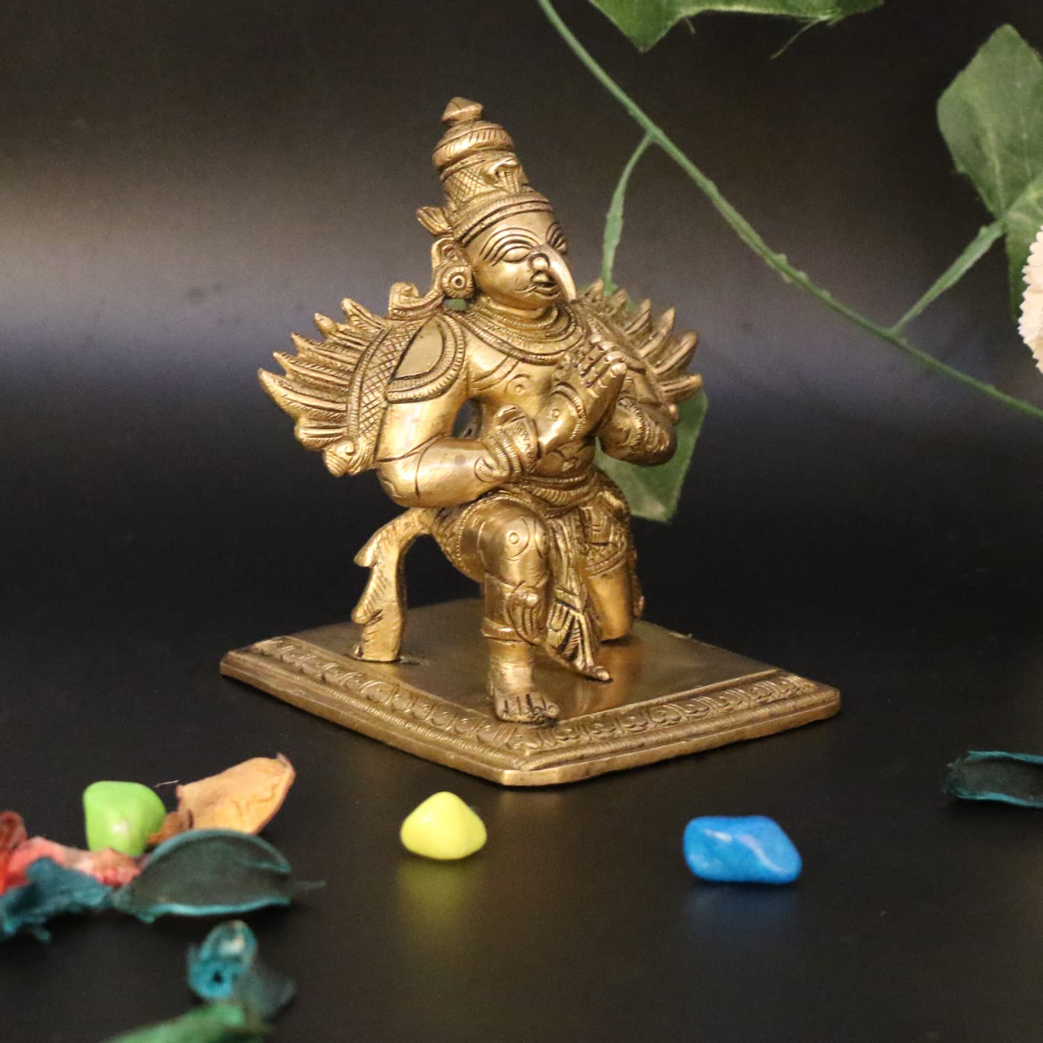 Gold Garuda Vishnu Vahan Eagle Idol, Lord Garud Deva, Brass - 9.5x11x13 Cm