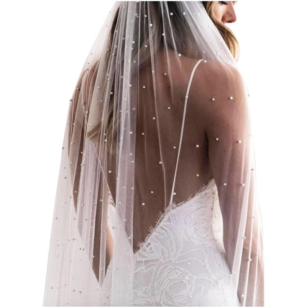 Elegant Pearl Beaded Bridal Cathedral Veil, Long Train Tulle Shawl Wrap Wedding Accessories for Bride Length 230cm