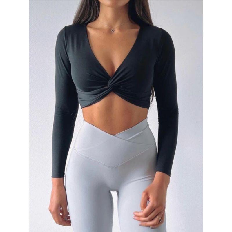 Nude Feel Yoga Long Sleeves Women's Workout Clothes Fashion Sports T-shirt Cross Strap Chest Pad Tops Sexy Quick-Drying Breathable Elastic