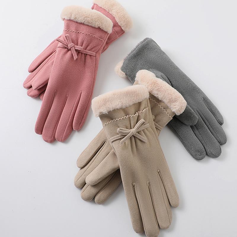 Warm Gloves for Autumn and Winter Women's German Velvet Bow Outdoor Riding Driving Plus Velvet Thickened Cold Proof Touch Screen Gloves