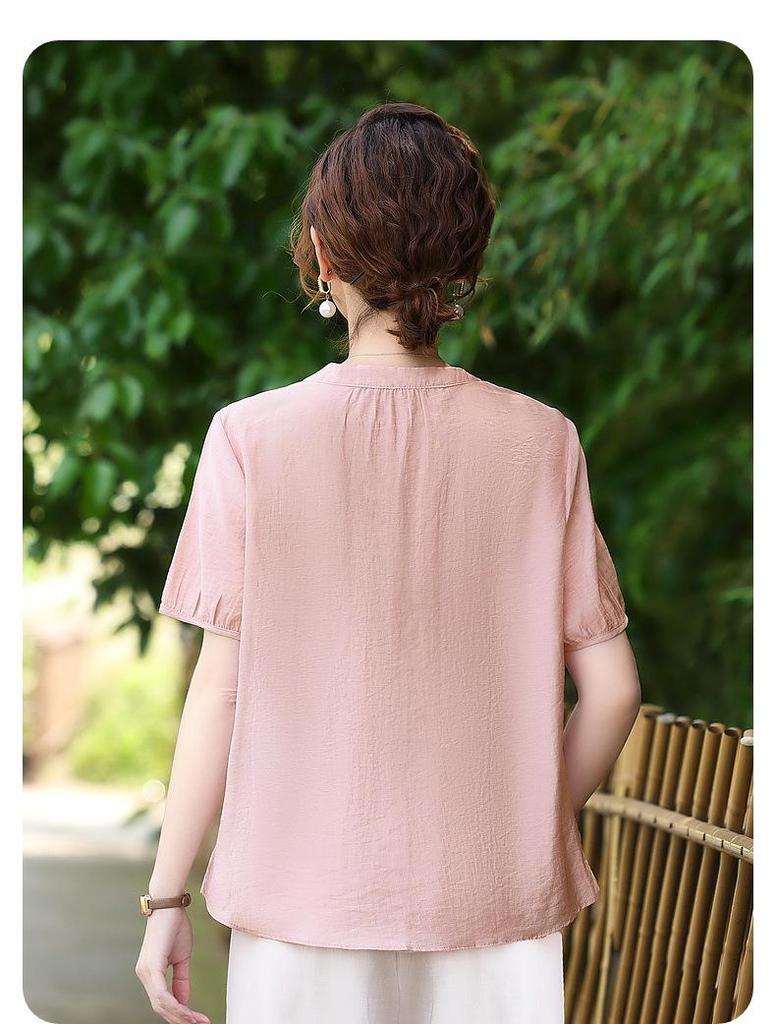 Mom's 2025 Summer Wear: New Chinese Style Blouse & Two-Piece Set for Middle-Aged and Elderly Women – Fashionable and Versatile T-Shirt.