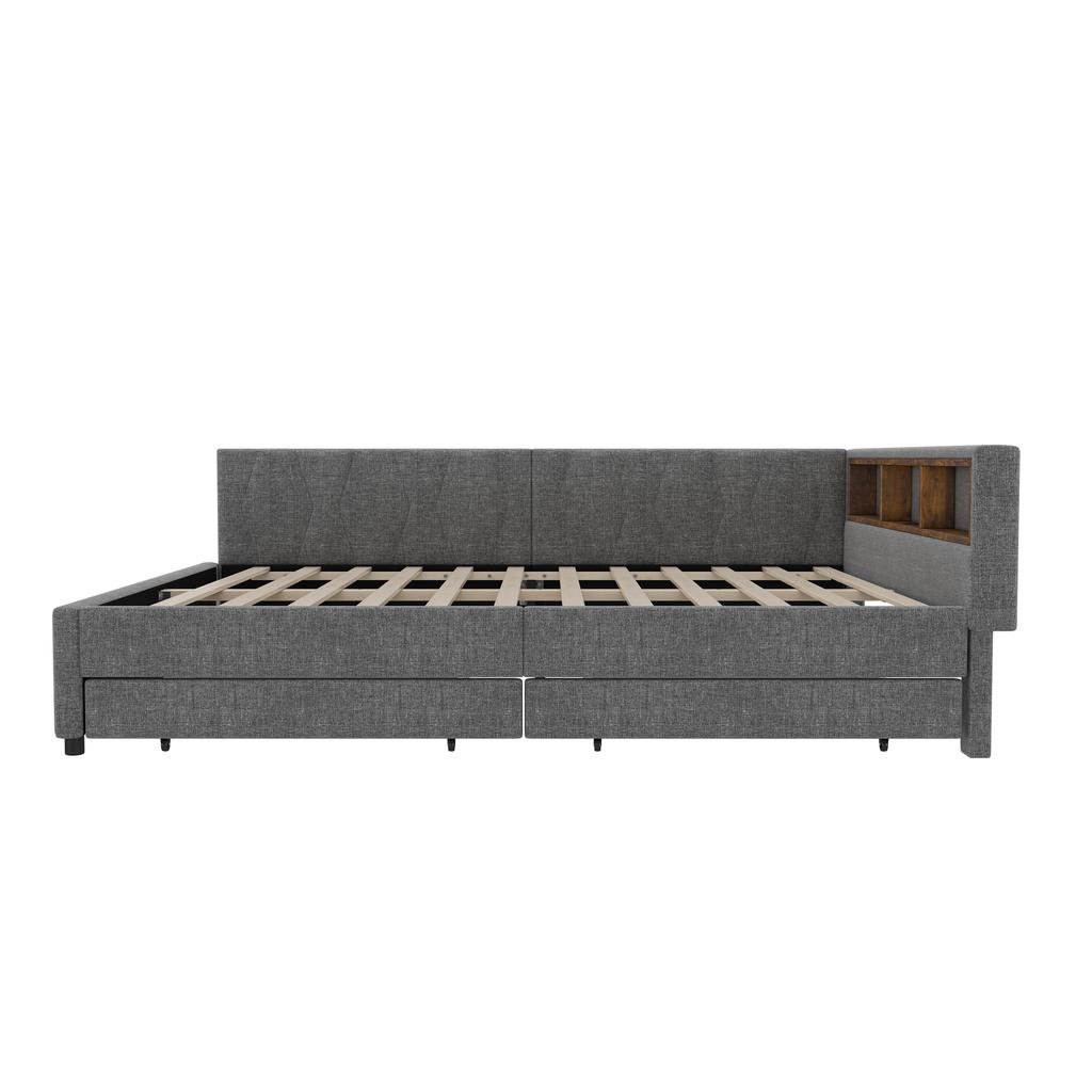 Daybed, 140x200cm, Storage Compartment On Bed, USB+Type C, With LED Light Strip, Bed with Two Drawers, Slatted Frame (without Mattress), Linen, Grey