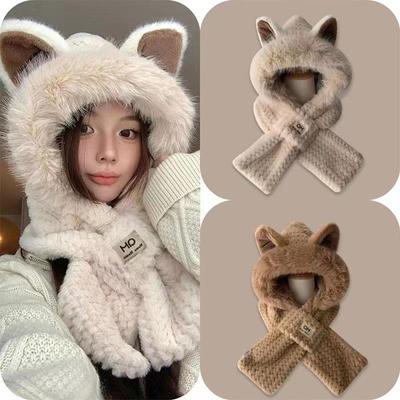"Women's Winter Cute Plush Animal-Inspired Hat and Scarf Set"
