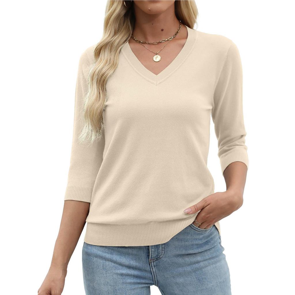 Womens Sweaters 3/4 Sleeve Pullover Tops V Neck Blouses Business Casual Fashion Clothes