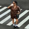 2026 New European and American Style Spice Girl Suit Leopard Print Satin Short-sleeved Shirt + High Waist Striped Shorts, Casual
