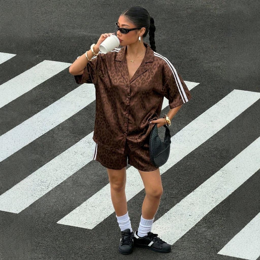 2026 New European and American Style Spice Girl Suit Leopard Print Satin Short-sleeved Shirt + High Waist Striped Shorts, Casual