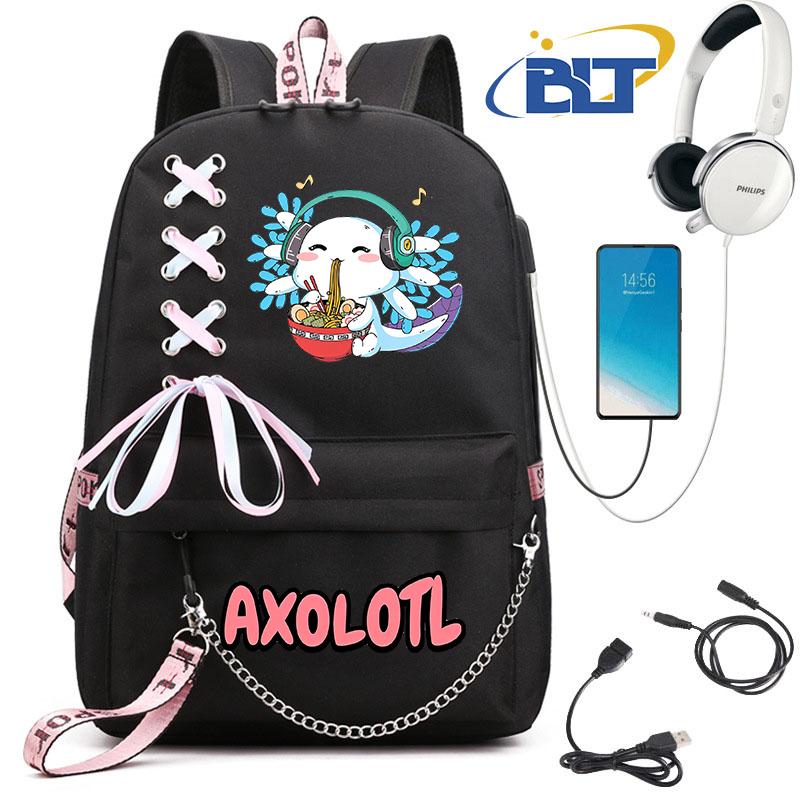 Cute Axolotl Printed Student Schoolbag for Girls Black Backpack Usb Kids Casual Bag Back To School Gift