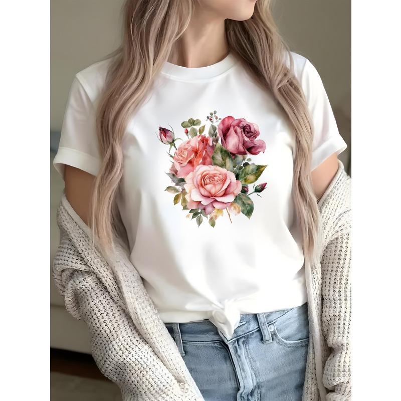 Plus Size - Plus Size - Plus Size, 1pc Wo Plus Size Bohemian Watercolor Floral Print T-Shirt - Oversized Relaxed Fit Short Sleeve 2XL белый
