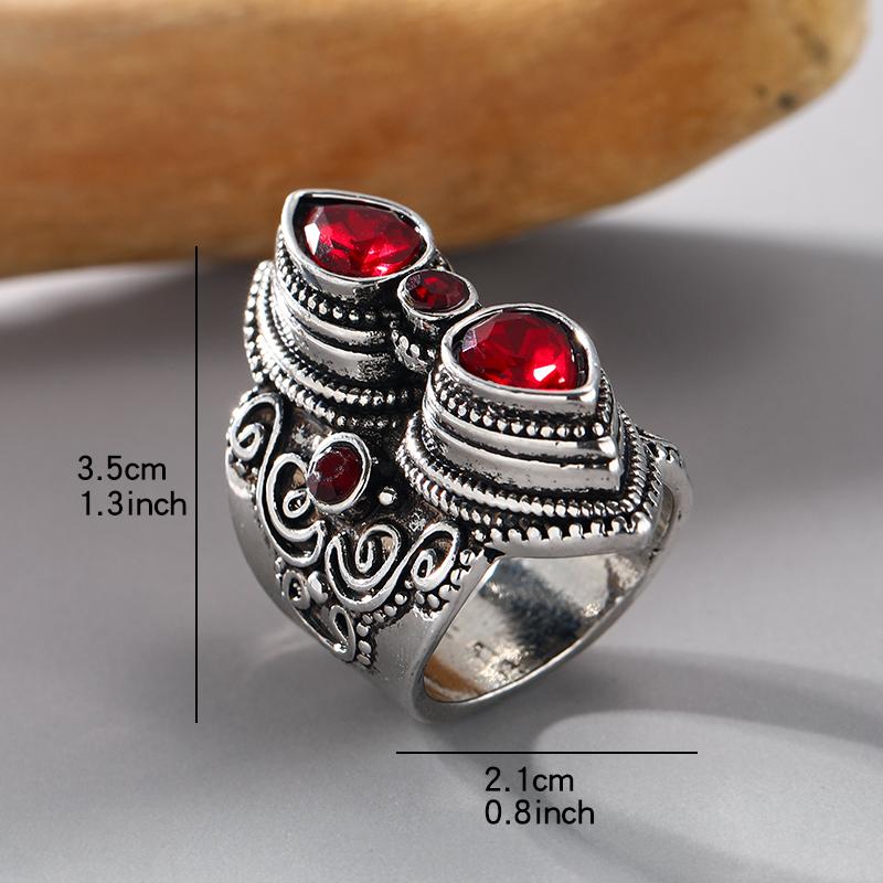 Vintage Exaggerated Boho Style Inlaid Red Zircon Large Classic Engraved Ring Women's Fine Zircon Party Favor Accessories