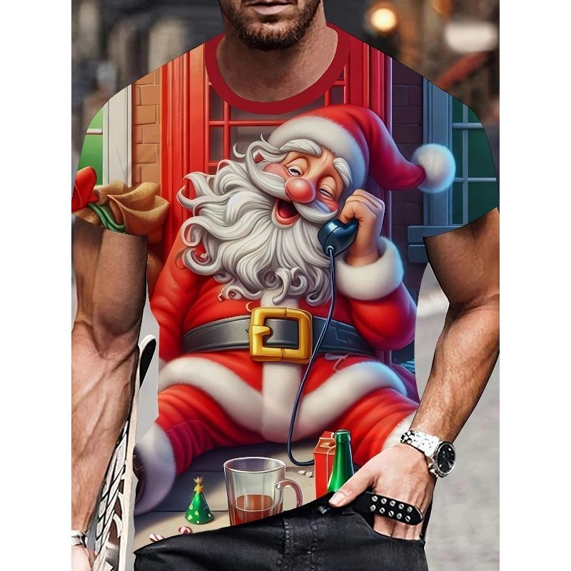 Christmas Men's Shirt, Snow Train Scene Printed T-shirt, Soft and Durable Fabric, Fashionable and Casual Christmas Clothing