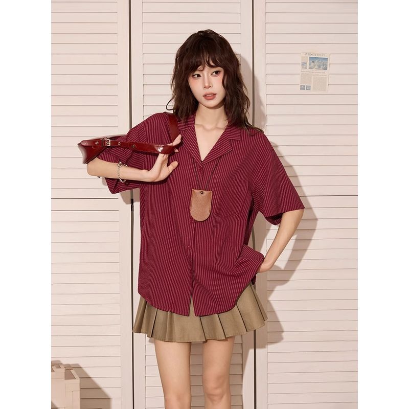 

American Retro Red Lapel Short Sleeve Stripes Shirt Women s Summer New Arrival Loose Slim Looking Stylish Shirt Tops Red L