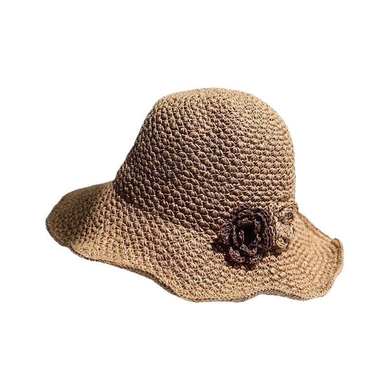 Women Handmade Floral Woven Straw Hat Wide Brim Breathable Foldable Outdoor Beach Travel Sun Shade Cap