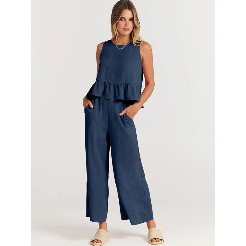 Summer Two Piece Set Women Casual Sleeveless Pleated Pants Sets Wide-leg Loose Clothes 2 Piece Sets O Neck Trouser Suits