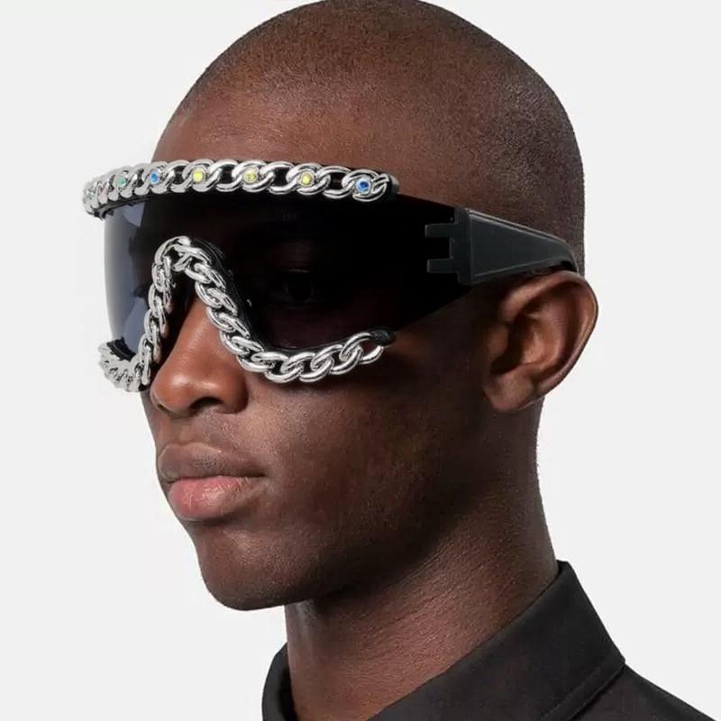 Attractive Glasses Men's Silver Oversized Y2k Futuristic One-Piece Sunglasses For Wo And Chain Rhinestone Punk Style Sports Shade Uv400 Goggles