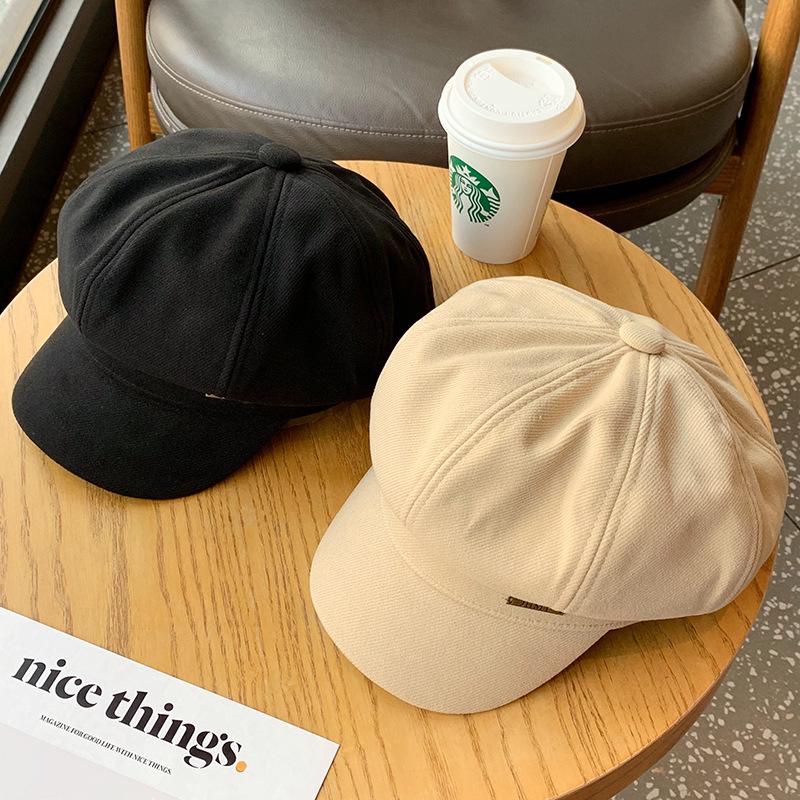 

Autumn and winter new woolen octagonal hat retro wind cloud hat big hat top shows face small newsboy hat tide One size (55-60cm) head circumference adjustable чорний