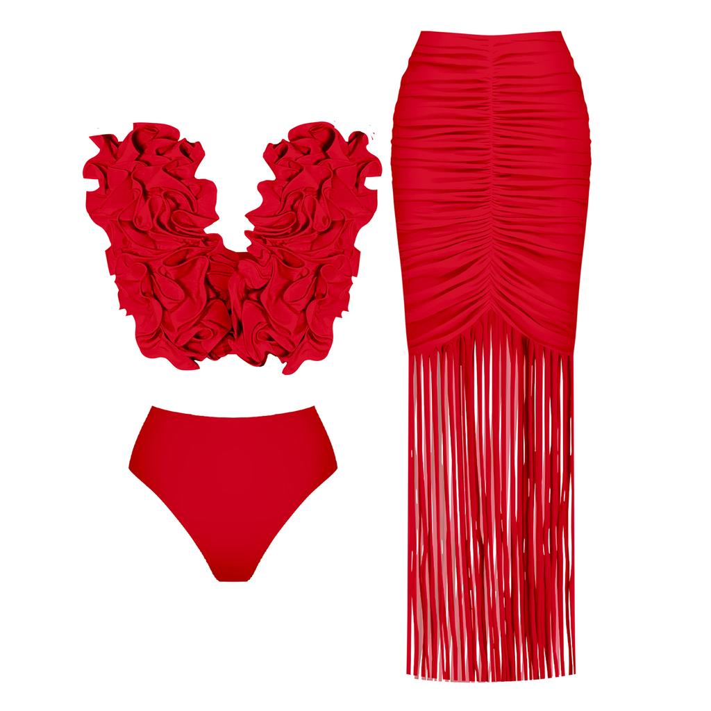 Solid Red Flower One Piece Swimsuit Luxury Women Swimwear Sexy Swim Suit Deep V Monokini Off Shoulder Bodysuit Bathingsuit