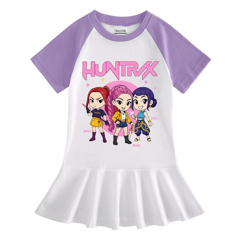 Girls Kpop Rumi Mira Zoey Hunters Print Raglan Sleeves Pleat Dress