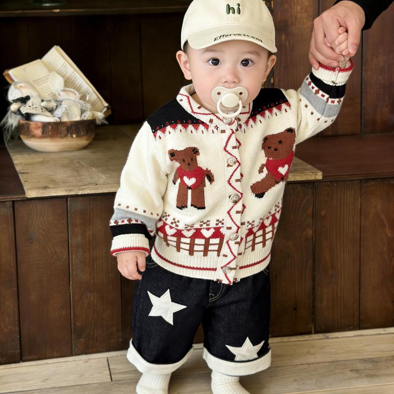 Children'S Clothing Spring Suit Cute Baby Boy Cartoon Bear Sweater Knitted Cardigan Autumn Versatile Jeans