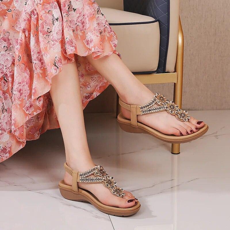 2026 Summer Holiday Shoes Women Sandals Flip Flops Flowers Flat Women Sandals Bohemian Style Brand Ladies Shoes Plus Size 42