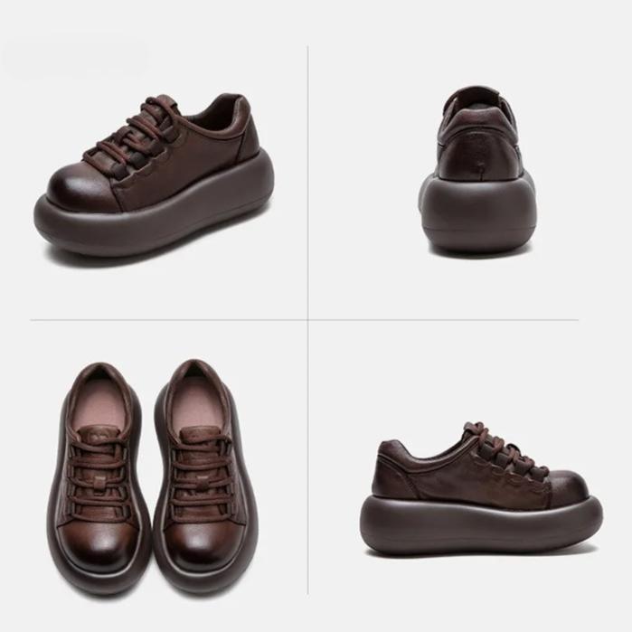 Johnature Versatile British Style Thick Soled Shoes Genuine Leather Retro Round Toe Lace Up Women's Shoes