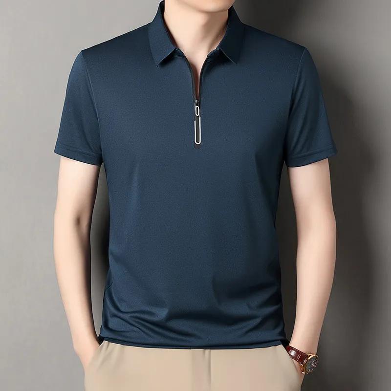 New Men's Business Casual Zipper Short Sleeve Solid Color Polo Shirt Fashionable Warm Comfortable Four Seasons Versatile Top