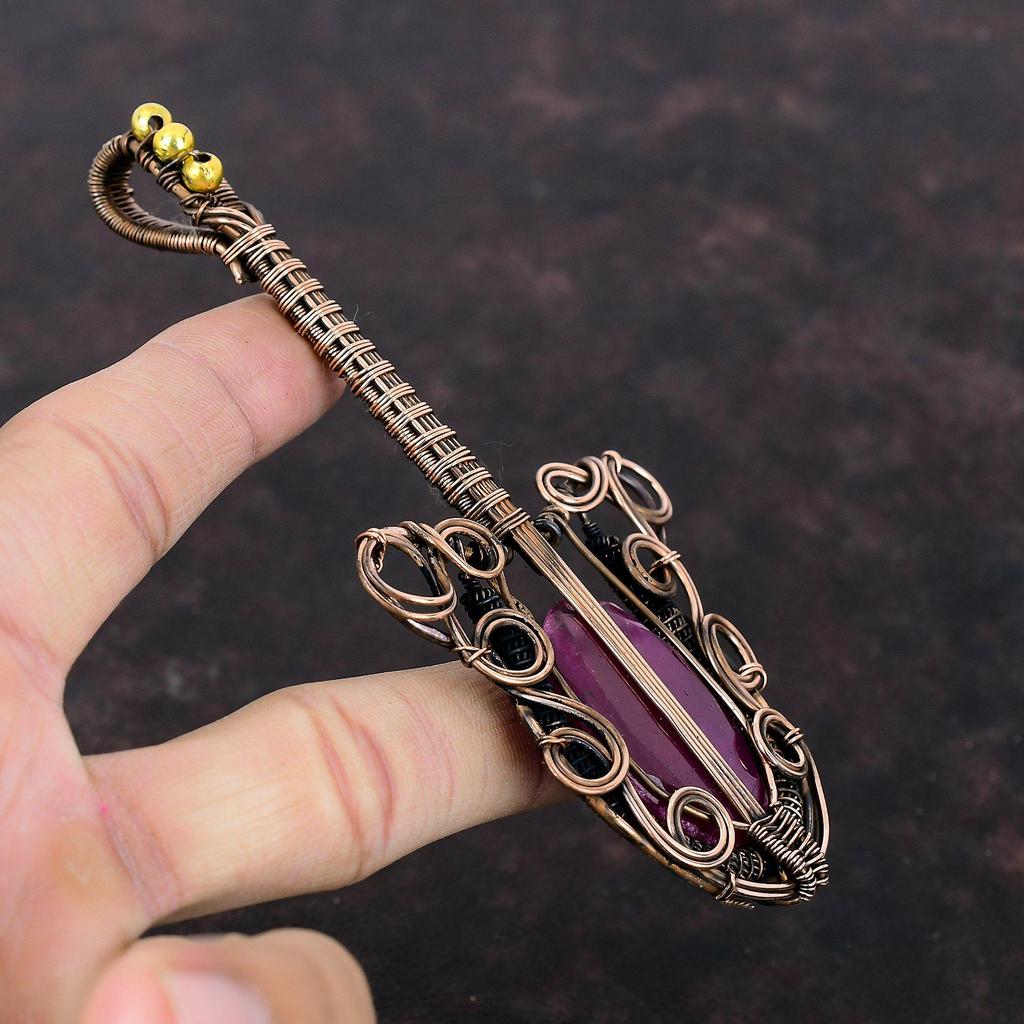 Faceted Kashmir Ruby Pendant Copper Wire Wrapped Pendant Gemstone Pendant Guitar Jewelry Ethnic Pendant Handmade Copper Jewelry Gift For Mom