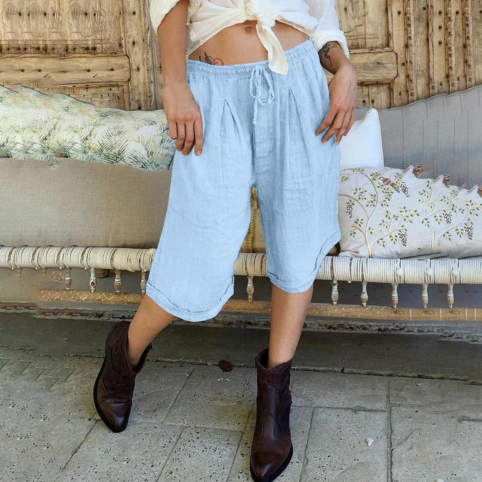 

Льняные шорты для женщин. Женские удобные хлопковые шорты с талией. Повседневные летние пляжные шорты. Удобные мягкие шорты. XL светло-синий