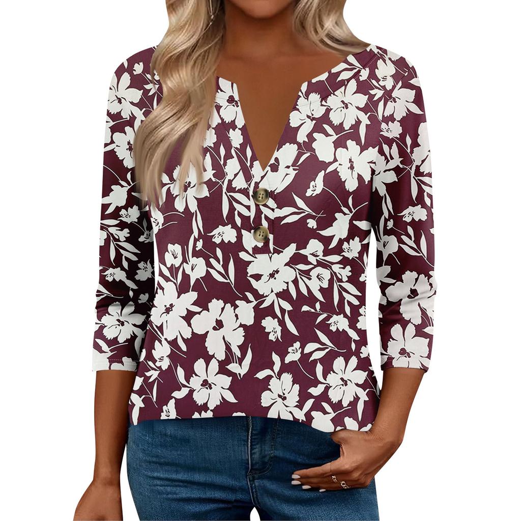 3/4 Sleeve Womens Tops For Women Henely Tops Button V Neck  Loose Fit Dressy Womens Summer Tops