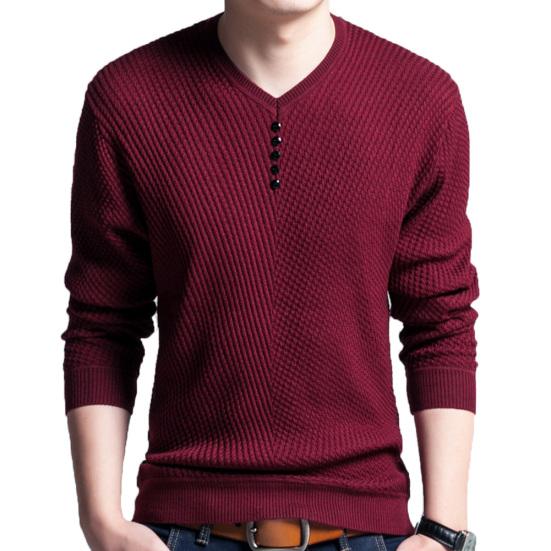 Chic Men Solid Color V Neck Long Sleeve Pullover Slim Fit Knitted Sweater Blouse