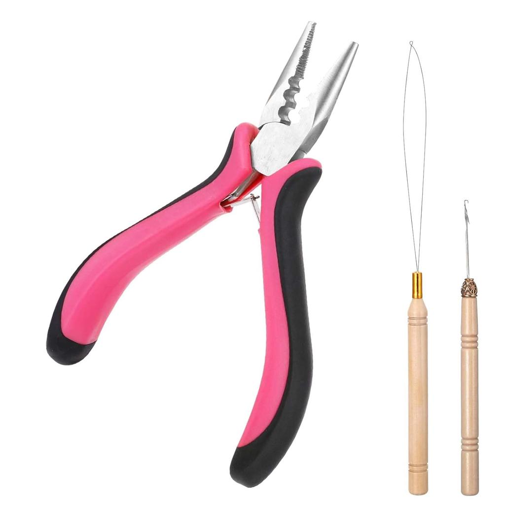 Hair Extension Tools Kit, 3 Pcs Microlinks Beads Tools Pliers Loop Needle Pulling Hook Tool 3-Hole Micro Links Hair Extensions Kit for Micro and Nano