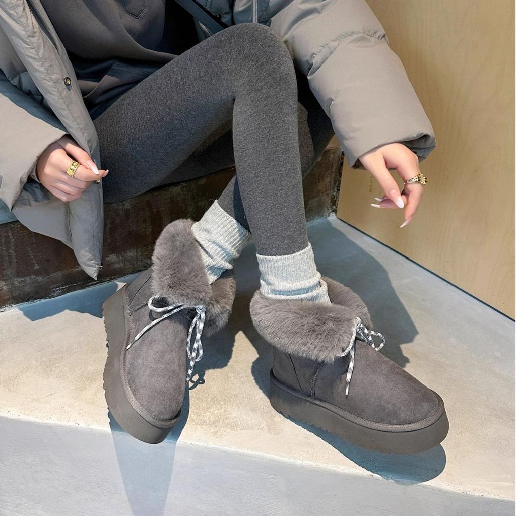 Soft leather version~ thick-soled snow boots women's 2024 new winter lace-up piled thickened thermal short tube snow cotton