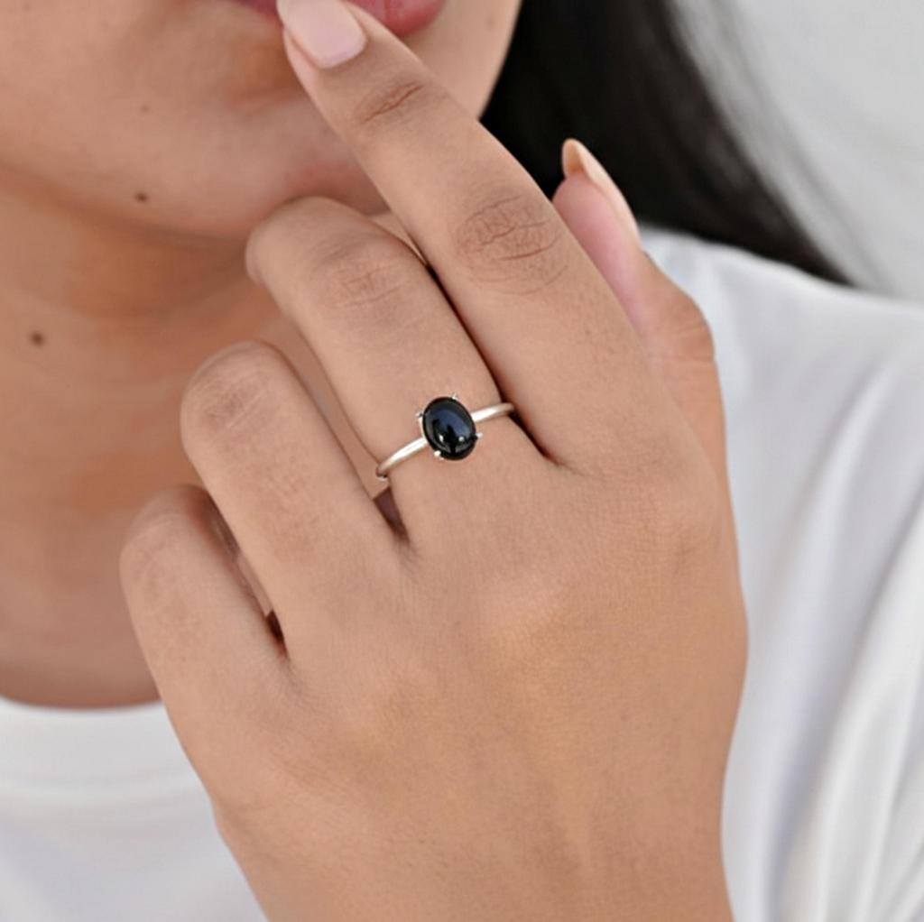 Black Onyx Oval Stacking Ring for Women, 925 Sterling Silver Prong Setting Ring, Minimalist Handmade Boho Gemstone Ring