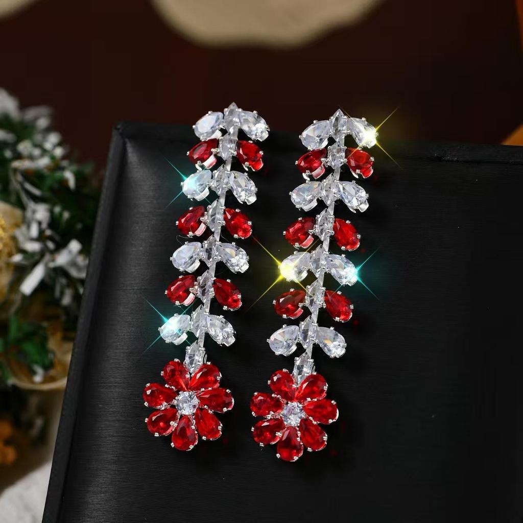 French Luxury, Elegant Red Flower Zircon Earrings, Versatile Evening Dress Accessories, Slim Face, Fashionable Long Earrings