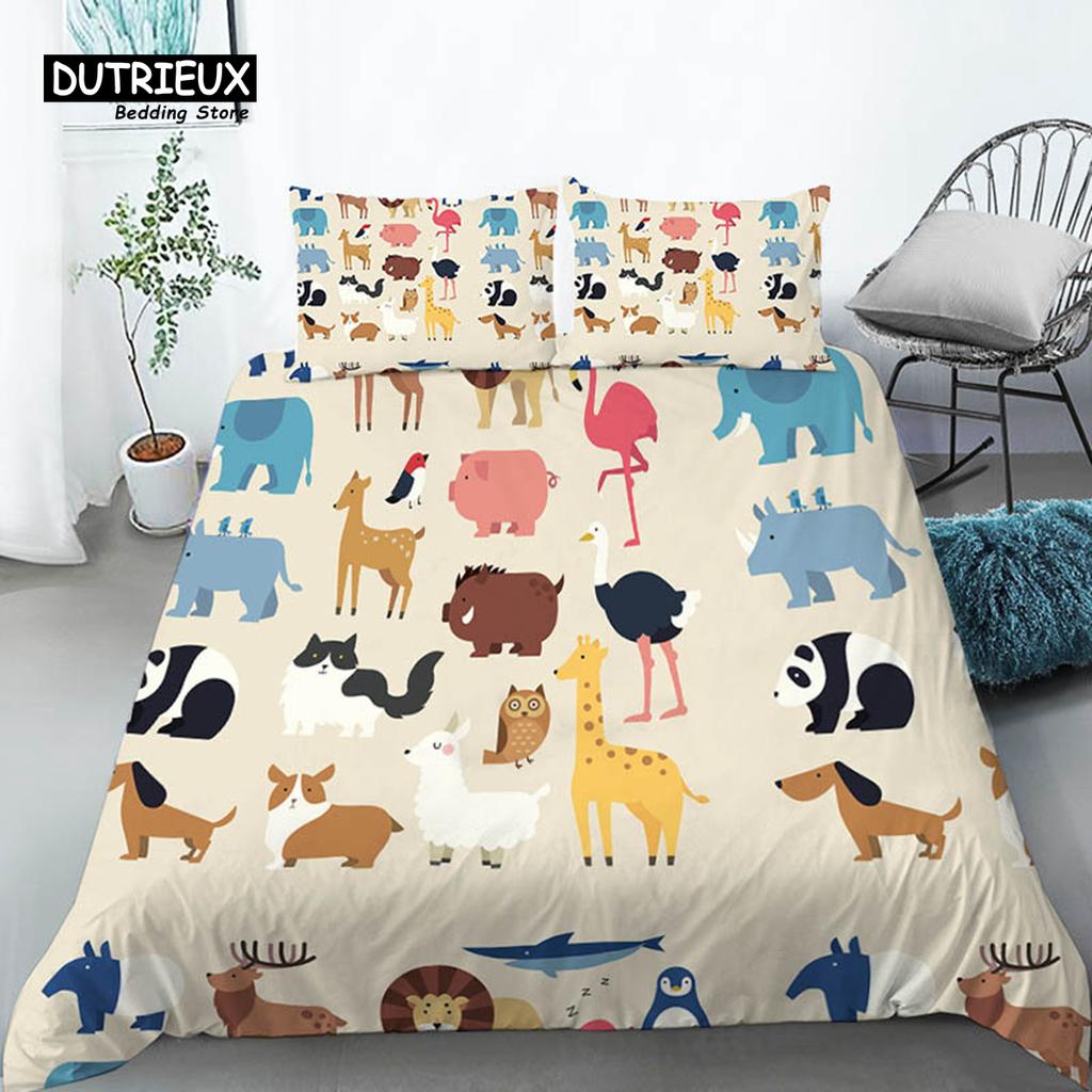 Bettwäscheset für Kleinkinder mit Cartoon-Tieren, Doppelbettgröße, für Kinder, Mädchen, Jungen, Zimmerdekoration, Vögel, Löwen, Fische, Druck, Bettbezug mit Kissenbezügen