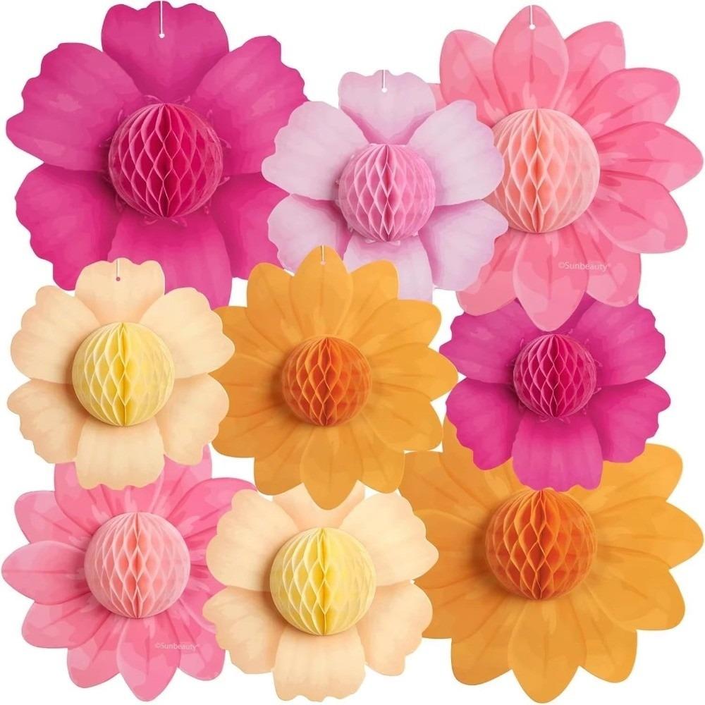 9pcs/set Colorful Paper Flower Hawaiian Style Sunflower Honeycomb Paper Baby Shower Hanging Decorations Wedding Garden Party