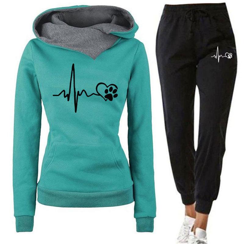Neues Frühlings- und Herbst-Winter-Freizeitsport-Set, Herzschlagfrequenz-bedruckter Damen-Hoodie, Sweatshirt-Set, trendig